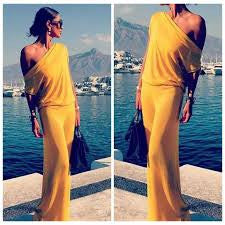 New Autumn Women Dresses Solid Color Cheap Maxi Dress Long Sleeve Asymmetrical Collar One Shoulder Loose Beach Dresses