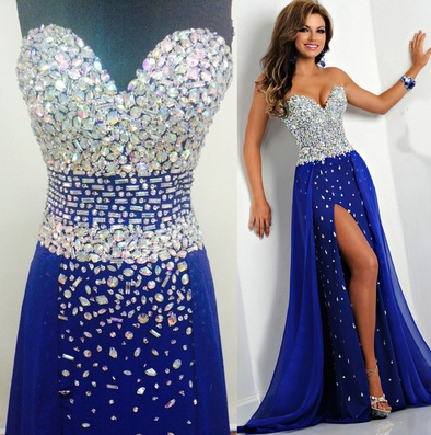 Strapless Royal Blue Luxury Formal Long Prom Dresses Crystals Chiffon Evening Gowns Side Slit Prom Gown