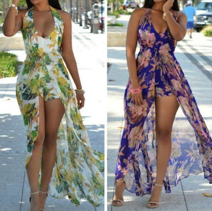 Women Fashion Flower Print Halter Neck Maxi Romper