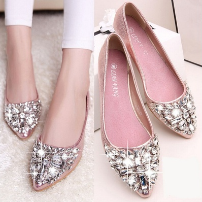 Women Elegant Pointed Toe Crystal Flat Shoe