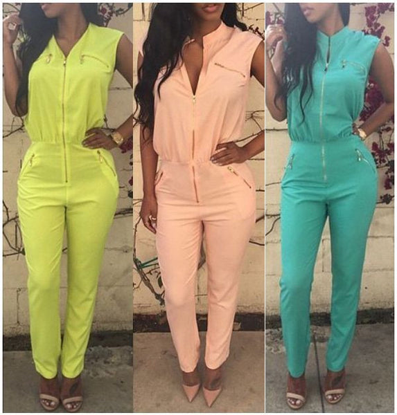 5 Colors Sexy Jumpsuits 2015 New Sleeveless Bodycon Suits Jumpsuit with Zipper Pocket Women Long Pants Romper Overalls for Women