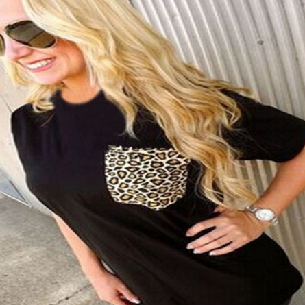 Women Fashion Sexy Crewneck Short Sleeve Leopard Print Cotton Blouse Casual Top Shirts T-Shirts