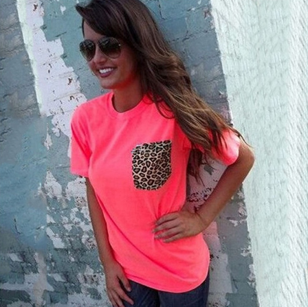 Women Fashion Sexy Crewneck Short Sleeve Leopard Print Cotton Blouse Casual Top Shirts T-Shirts