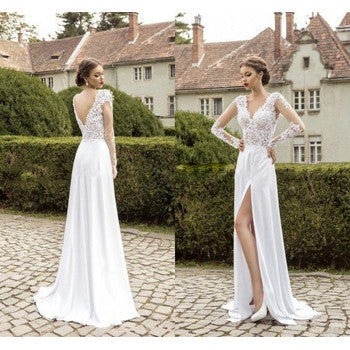 Elegant deep v neck slit white applique chiffon prom dresses full sleeve summer wedding party gown