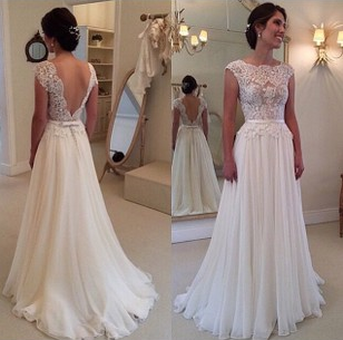 2017 Hot Selling Custom Made A Line Wedding Dresses Vestido de Noiva Casamento Chiffon Lace See through Backless Robe De Mariage