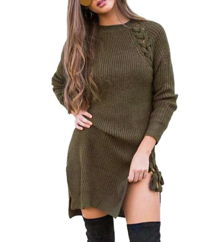 Women O Neck Long Sleeve Lace Up Sexy Sweater Dress