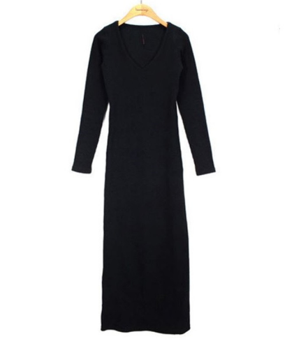 V-neck Maxi Tight Knit Long Dress