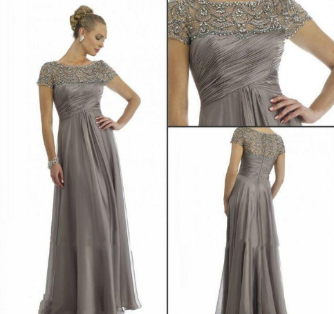 Plus Size Short Sleeve Beaded A Line Chiffon Formal Wedding Party Dress Mum Evening Gown