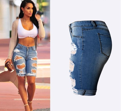 Women Elastic Hole Leggings Short Pants Casual Street Style Blue Denim Shorts Ripped Boyfriend Jeans