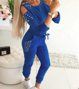 Women Casual 2 Piece Beaded O-Neck Long Sleeve Solid Top+Drawstring Slim Pencil Pants Sweatsuit