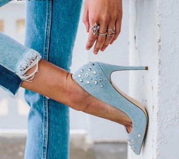 Ladies Rhinestones Blue Shoes Denim Slip-On Thin Heel Office Party Pumps Sexy Pointed Toe High Heels