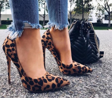 Leopard Casual Heels Women Pumps Shoes Office Lady Pointed Toe Flock Sexy High Heels