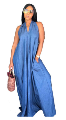 Loose Denim Maxi Dress Women Sexy Club Sleeveless Off Shoulder Backless Lace Up Party Long Halter Dresses