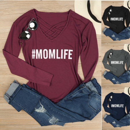Women Mom Life Criss - Cross Letters Printing Long Sleeve T-shirt Top