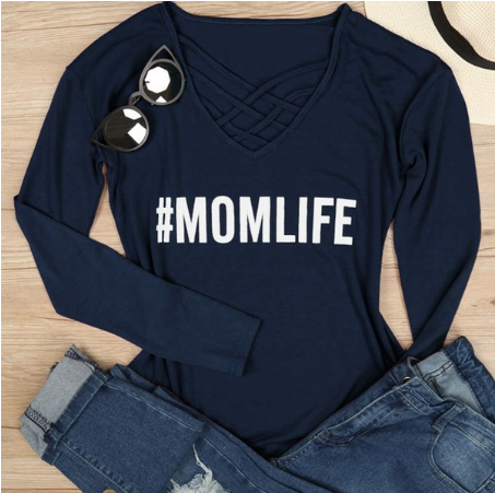 Women Mom Life Criss - Cross Letters Printing Long Sleeve T-shirt Top