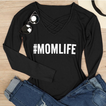 Women Mom Life Criss - Cross Letters Printing Long Sleeve T-shirt Top