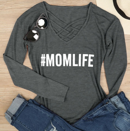 Women Mom Life Criss - Cross Letters Printing Long Sleeve T-shirt Top