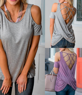 Off Shoulder Cross Strap Hollow Sexy Short Sleeve Ladies Casual Tee Shirt Tops
