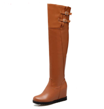 Round Toe Autumn Winter Women Zipper With Buckle Over The Knee Wedge Boots