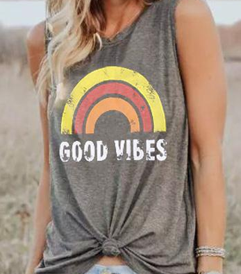 Women Good Vibes Print Gray O-Neck Sleeveless Casual Tank Top