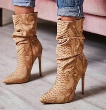 Women Ankle Snakeskin Pointed Toe Booties