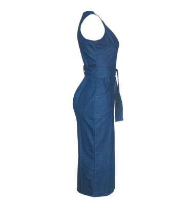 Women Denim Belted Sleeveless Dress w/ Pocket and Sash
