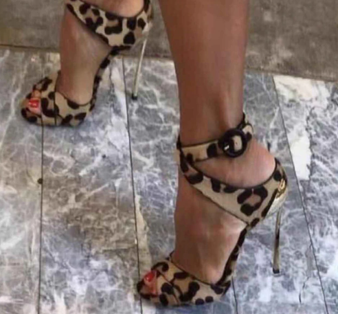 Women High Heel Leopard Print Ankle Strap Stiletto Sandal Shoes