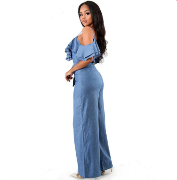 Women Jean Wide Leg Spaghetti Strap Denim Jumpsuit