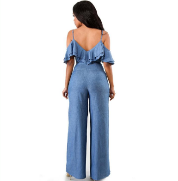 Women Jean Wide Leg Spaghetti Strap Denim Jumpsuit