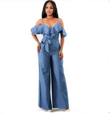 Women Jean Wide Leg Spaghetti Strap Denim Jumpsuit