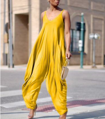 Yellow Spaghetti Strap Women Sleeveless Loose Ladies Hollow Out Full Length Jumpsuits