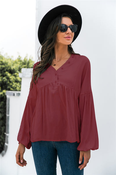 Button Detail Lantern Sleeve Peplum Top