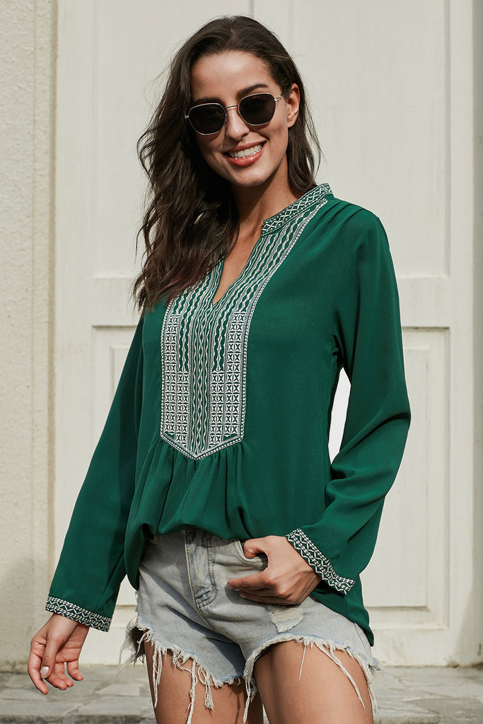 Front Embroidery Long Sleeves Blouse