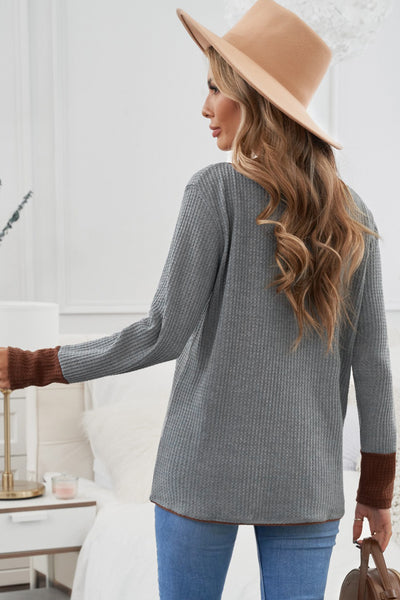 Contrast Trim V-Neck Waffle Knit Top