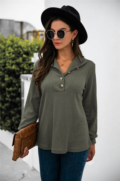 Button Lapel Collar Half Placket Top