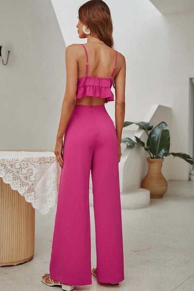 Ruffle Hem Cropped Top and Flare Leg Pants Set