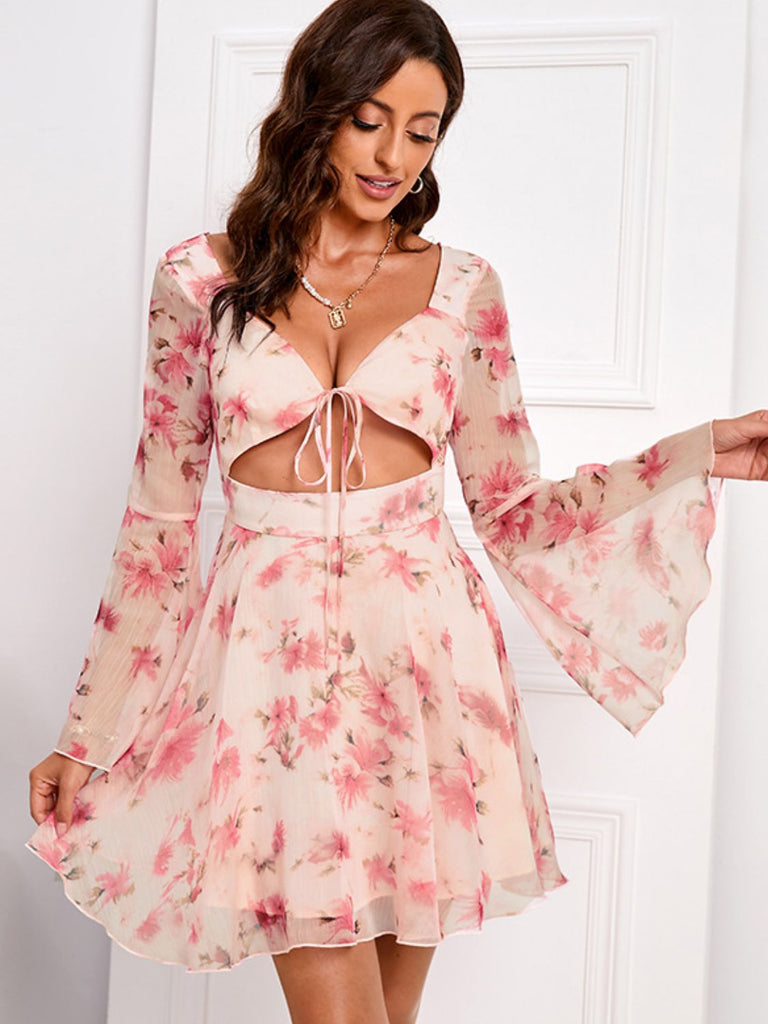 Floral Tie-Front Cutout Flare Sleeve Dress