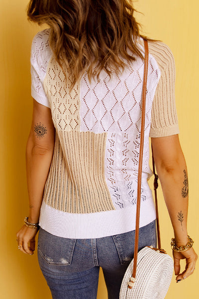 Color Block Openwork Mixed Stitch Sweater