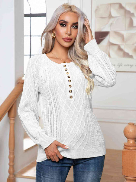 Cable-Knit Round Neck Buttoned Sweater