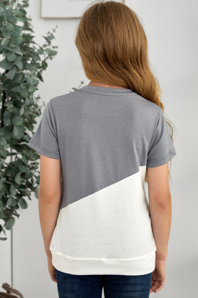 Girls Color Block Round Neck Tee