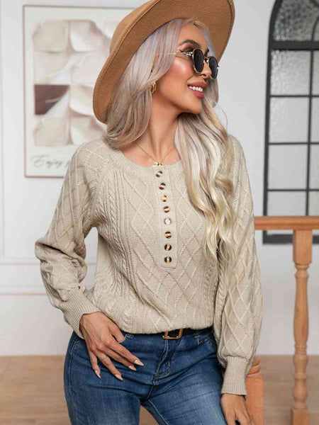 Cable-Knit Round Neck Buttoned Sweater