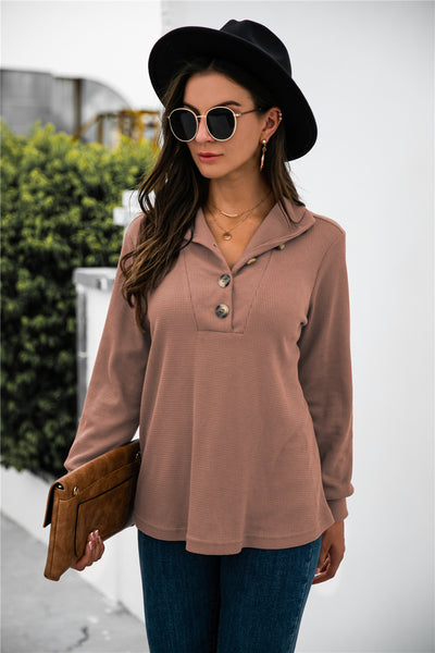 Button Lapel Collar Half Placket Top