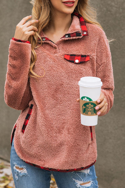 Plaid Collar and Pocket Teddy Pullover