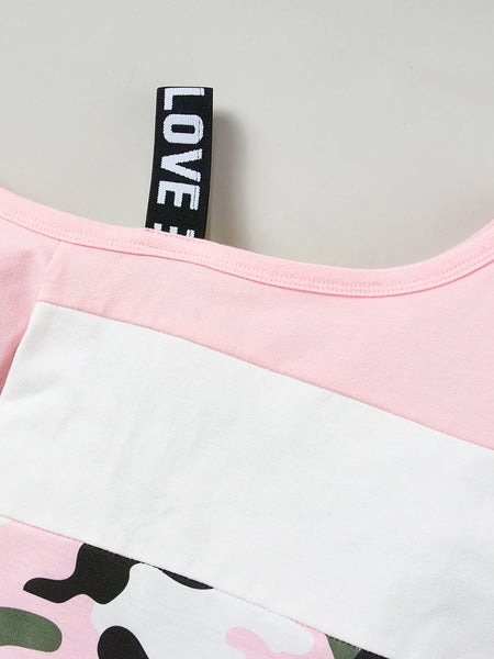 Girls Color Block Printed Cold-Shoulder Tee and Joggers Set