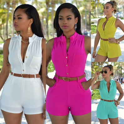 Sleeveless Button Closure Belt Design Jumpsuit