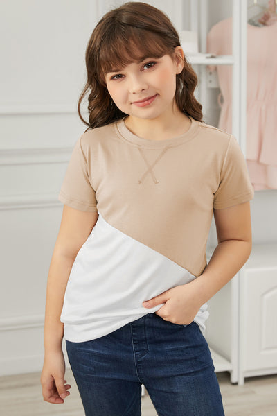 Girls Color Block Round Neck Tee