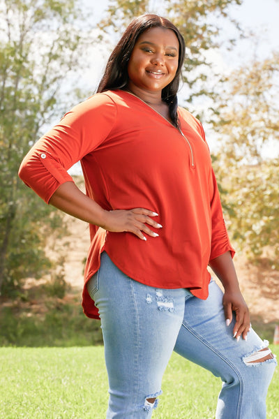 Plus Size Spiced Cider Full Size ITY Knit Quarter-Zip Three-Quarter Sleeve Top
