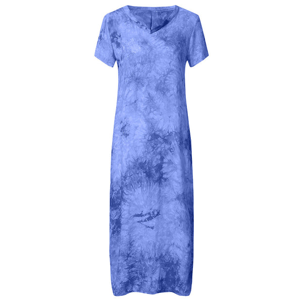 Women Summer Loose Casual Print V Neck Short Sleeved Cotton Slit Up Maxi Dress