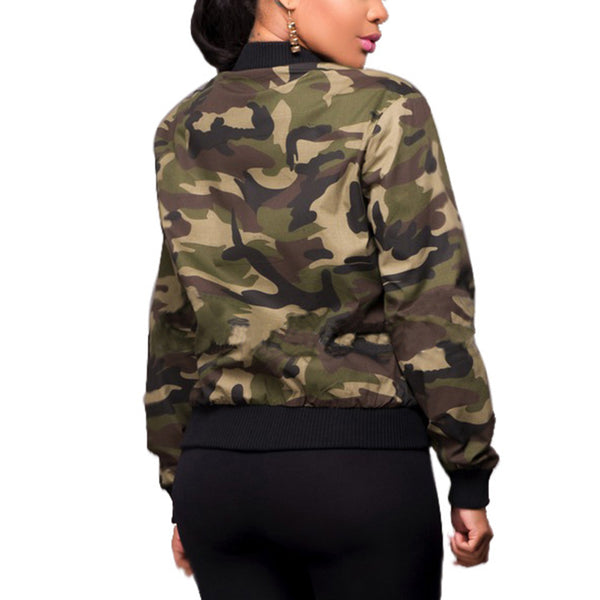 Women Long Sleeve Army Camouflage Bomber Autumn Casual Jacket