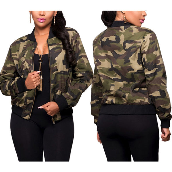 Women Long Sleeve Army Camouflage Bomber Autumn Casual Jacket